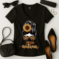 Hello Autumn Cute Bun Fall Floral Women's V-Neck T-Shirt