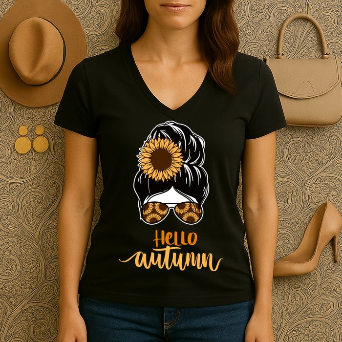Hello Autumn Cute Bun Fall Floral Women's V-Neck T-Shirt