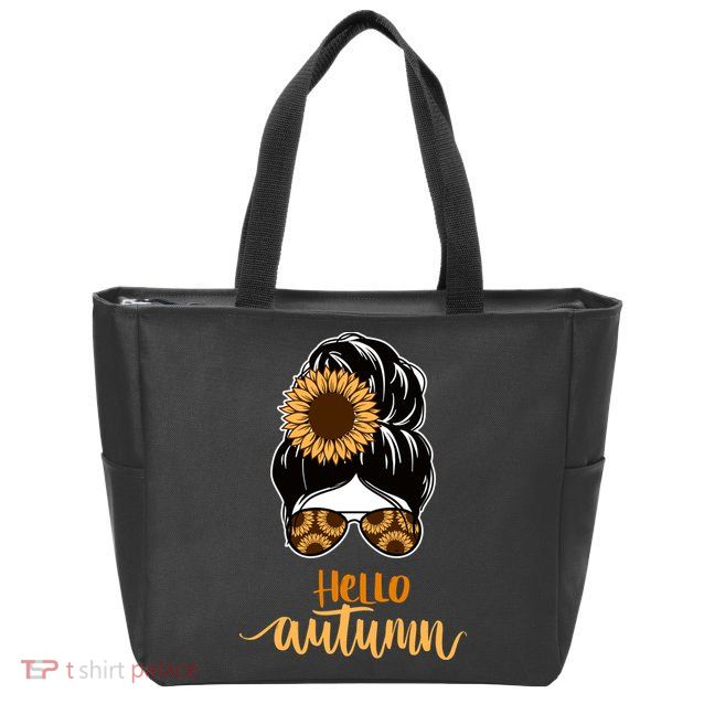 Hello Autumn Cute Bun Fall Floral Zip Tote Bag