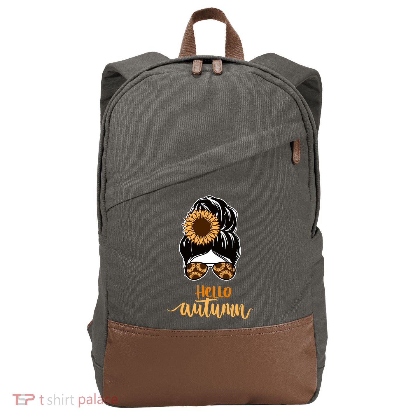 Hello Autumn Cute Bun Fall Floral Cotton Canvas Backpack
