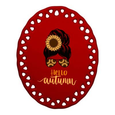 Hello Autumn Cute Bun Fall Floral Ceramic Oval Ornament