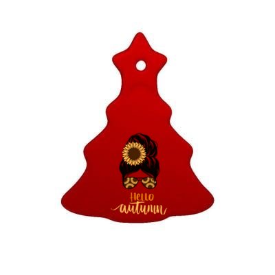 Hello Autumn Cute Bun Fall Floral Ceramic Tree Ornament