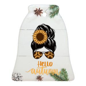 Hello Autumn Cute Bun Fall Floral Ceramic Bell Ornament