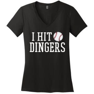 Hit a Dinger Funny Baseball Player Home Run Fun Women's V-Neck T-Shirt