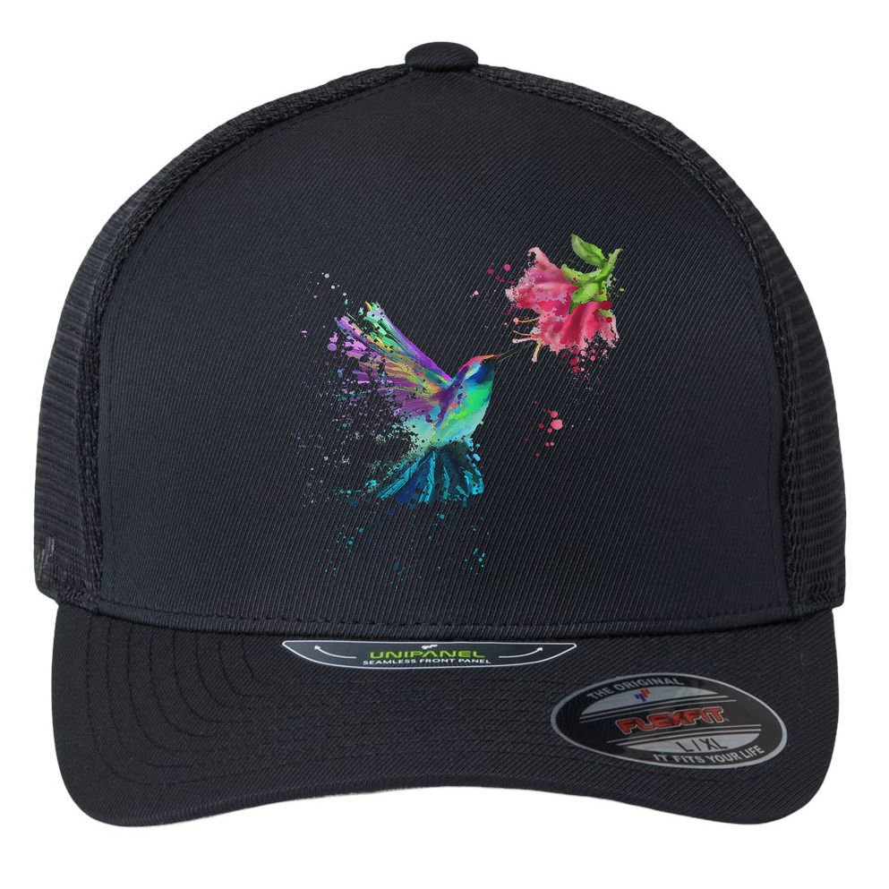 Hummingbird And Flower Bird Watcher Hummingbird Lover Flexfit Unipanel Trucker Cap
