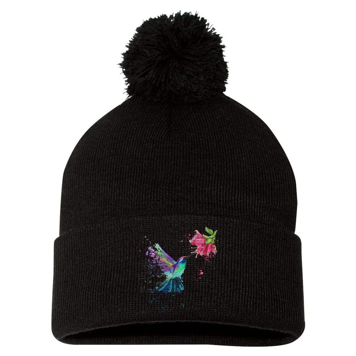 Hummingbird And Flower Bird Watcher Hummingbird Lover Pom Pom 12in Knit Beanie