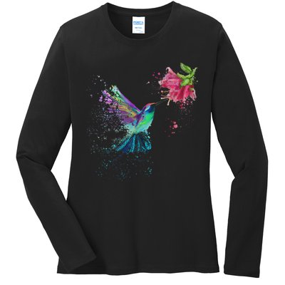 Hummingbird And Flower Bird Watcher Hummingbird Lover Ladies Long Sleeve Shirt