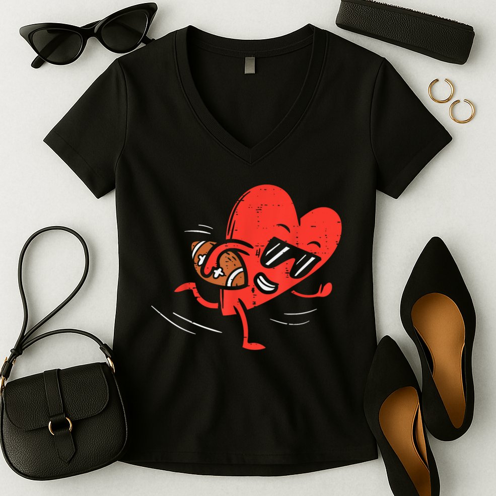 Heart American Football Valentines Day Sports Women's V-Neck T-Shirt