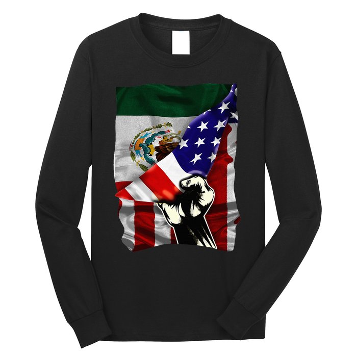 Half American Flag Mexican Roots Usa Flag Mexico Long Sleeve Shirt