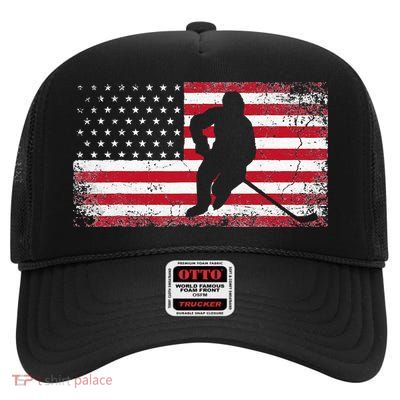 Hockey American Flag 4th Of July Patriotic USA Dad Men Son High Crown Mesh Back Trucker Hat