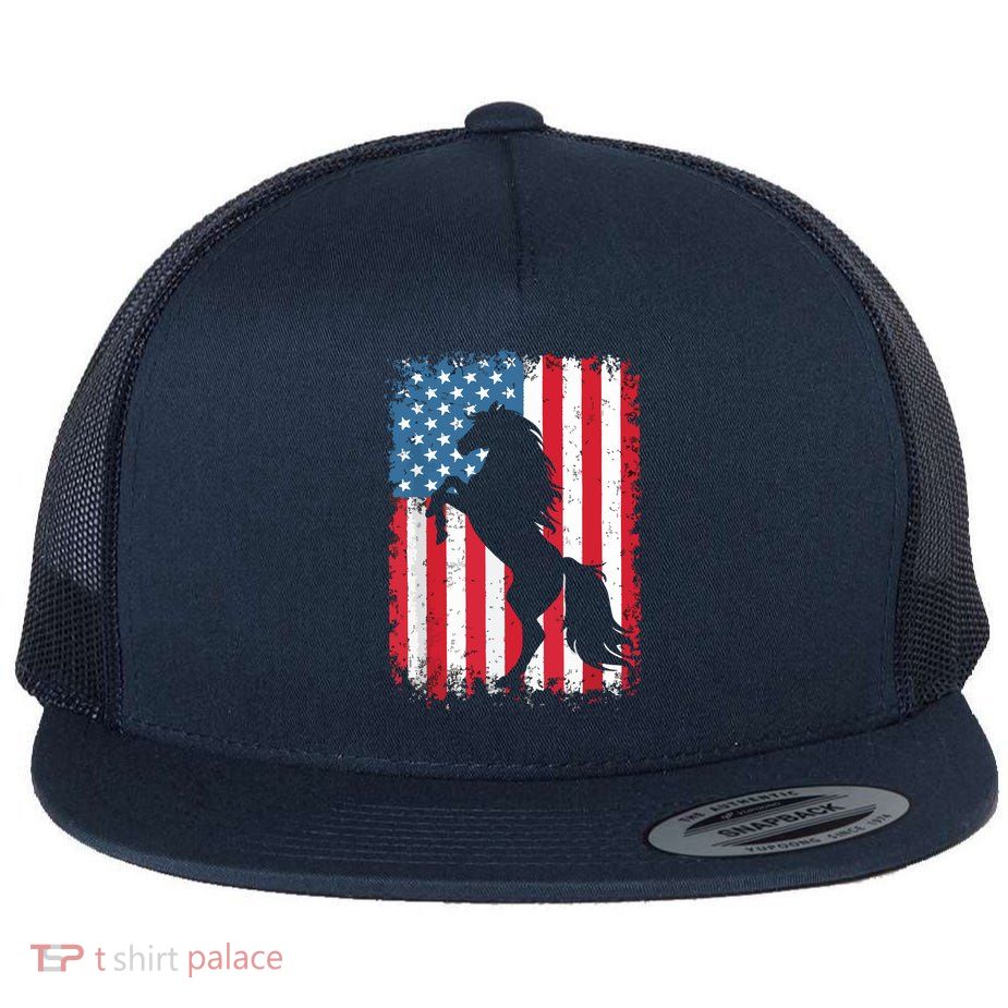 Horse American Flag USA 4th Of July Men Women Boy Girl Flatbill Hat