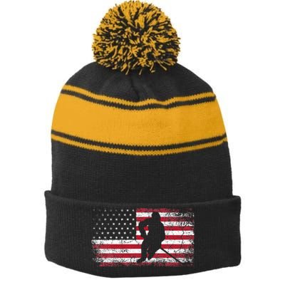 Hockey American Flag Stripe Pom Pom Beanie