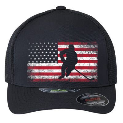 Hockey American Flag 4th Of July Patriotic USA Dad Men Son Flexfit Unipanel Trucker Cap