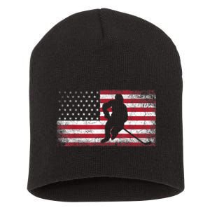 Hockey American Flag 4th Of July Patriotic USA Dad Men Son Short Acrylic Beanie