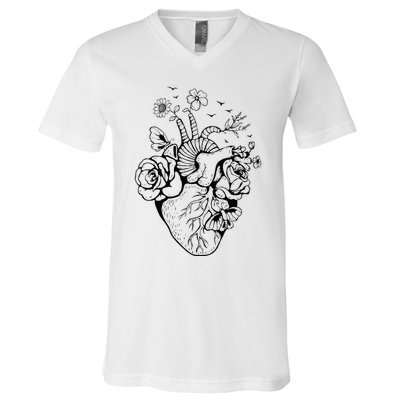 Heart Anatomy Flowers Funny Anatomical Heart And Human V-Neck T-Shirt