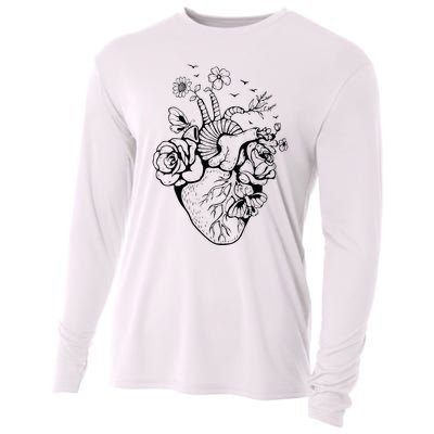 Heart Anatomy Flowers Funny Anatomical Heart And Human Cooling Performance Long Sleeve Crew