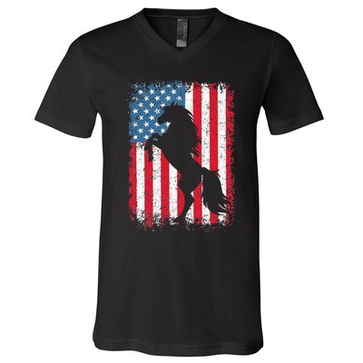 Horse American Flag USA 4th Of July Men Women V-Neck T-Shirt