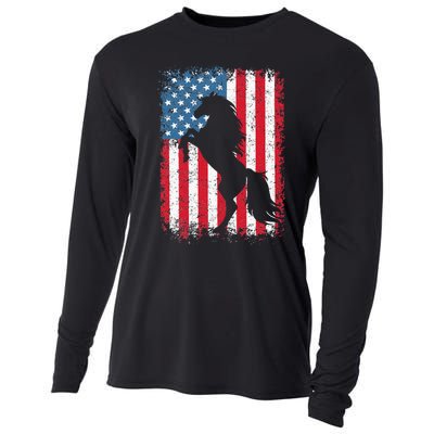 Horse American Flag USA 4th Of July Men Women Cooling Performance Long Sleeve Crew