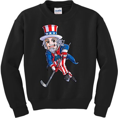 Hockey American Flag 4th Of July Uncle Sam Kids Sweatshirt