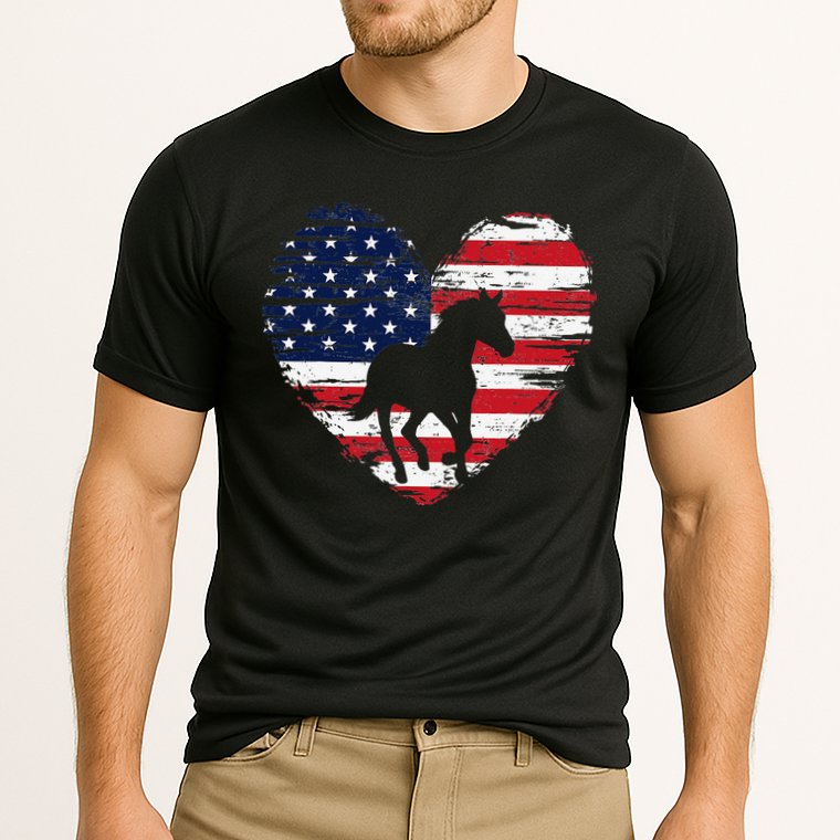 Horse American Flag Heart 4th of July USA Patriotic Pride Cooling Performance Crew T-Shirt