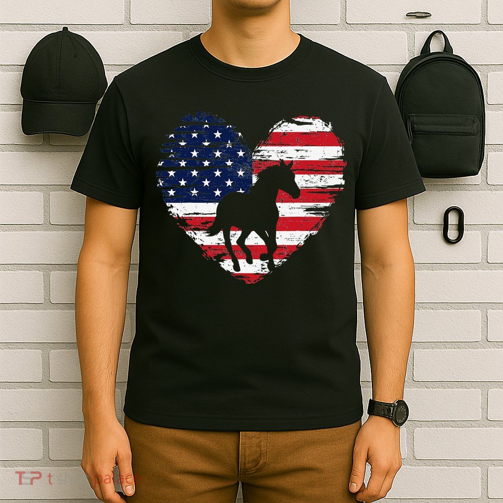 Horse American Flag Heart 4th of July USA Patriotic Pride T-Shirt