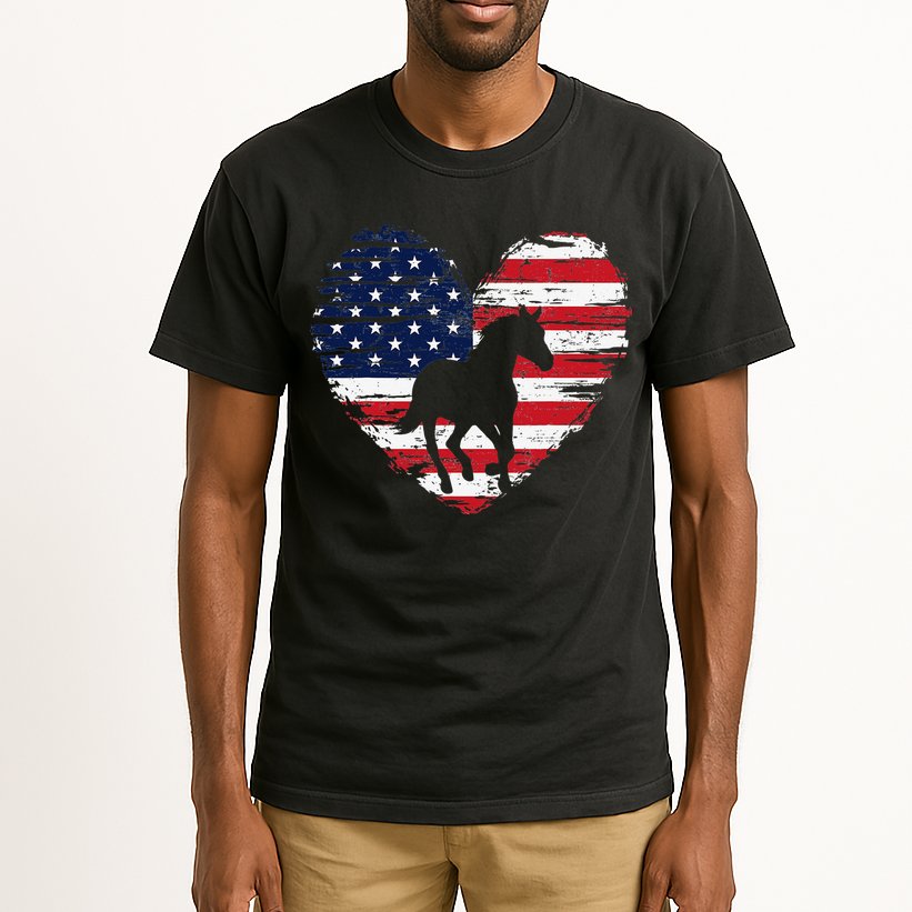 Horse American Flag Heart 4th of July USA Patriotic Pride Tall T-Shirt