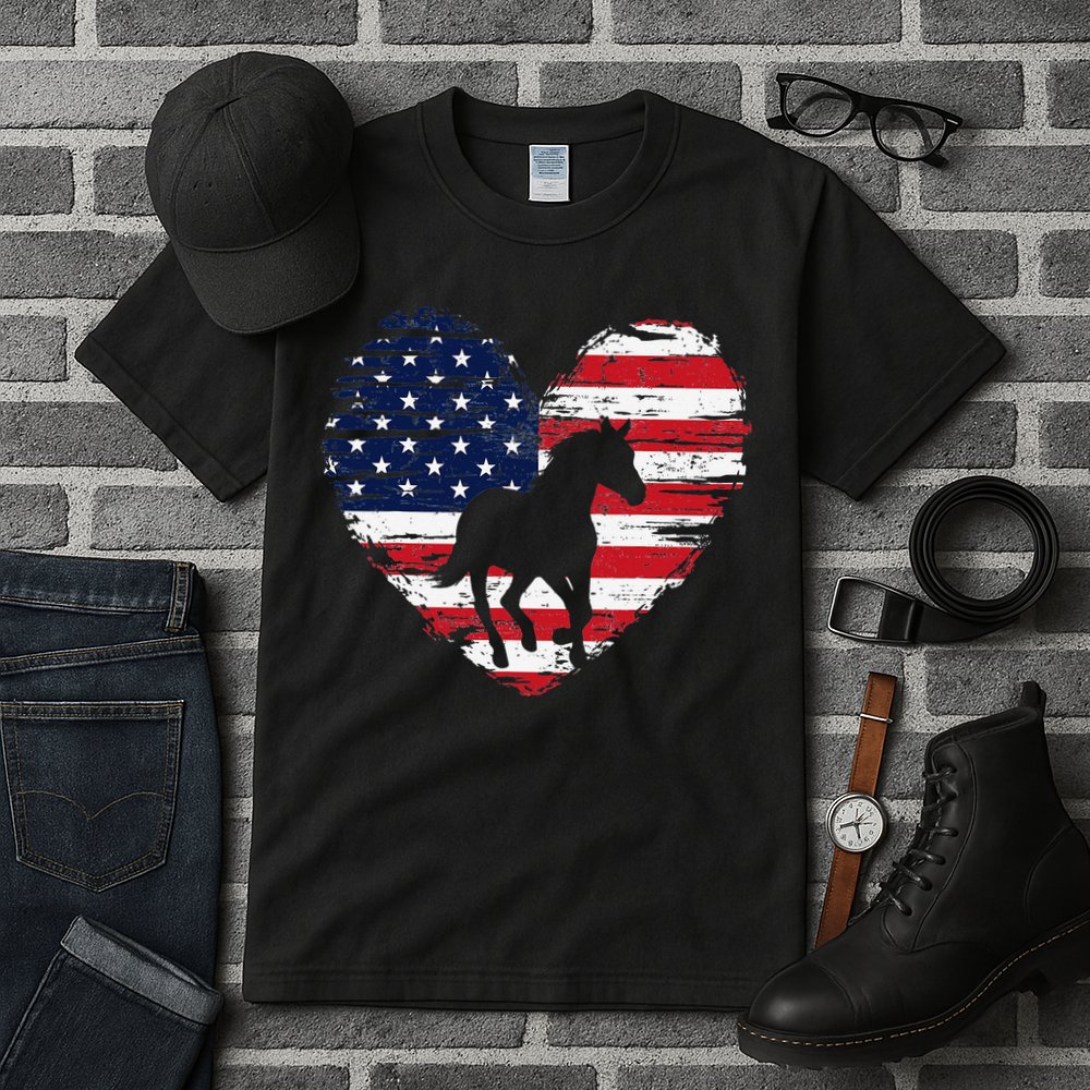 Horse American Flag Heart 4th of July USA Patriotic Pride Tall T-Shirt