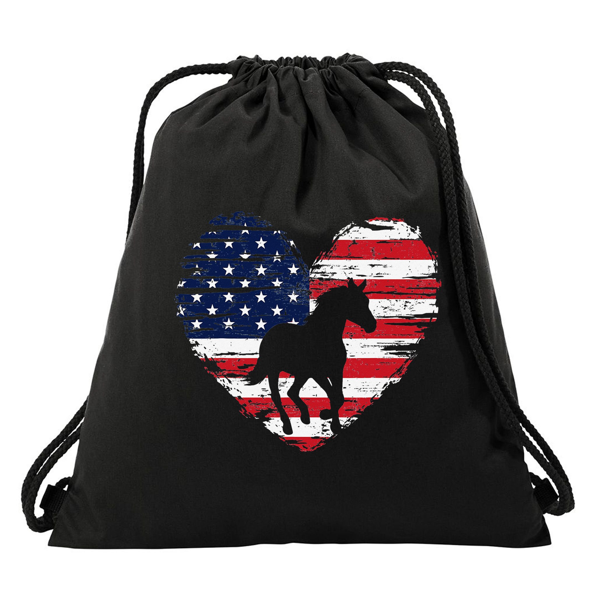 Horse American Flag Heart 4th of July USA Patriotic Pride Drawstring Bag