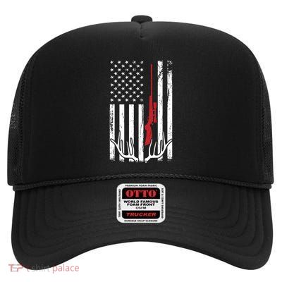 Hunter American Flag Gift Usa Hunting Deer Gift High Crown Mesh Back Trucker Hat