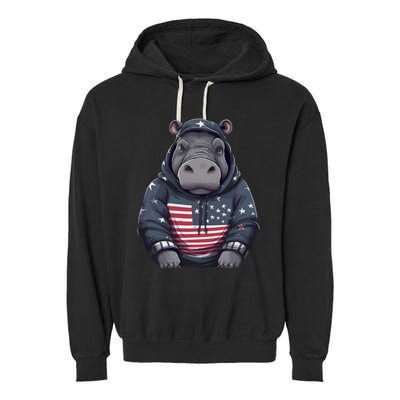 Hippopotamus American Flag USA Tee 4th July Gifts Graphic Garment-Dyed Fleece Hoodie