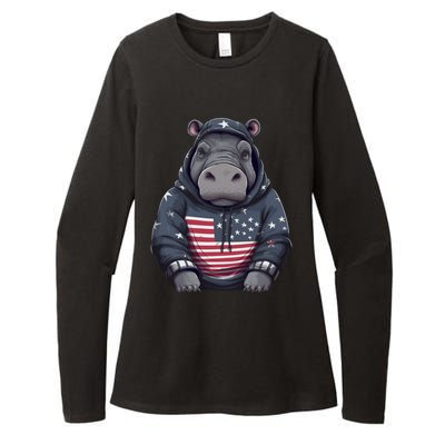 Hippopotamus American Flag USA Tee 4th July Gifts Graphic Womens CVC Long Sleeve Shirt