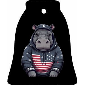 Hippopotamus American Flag USA Tee 4th July Gifts Graphic Ceramic Bell Ornament