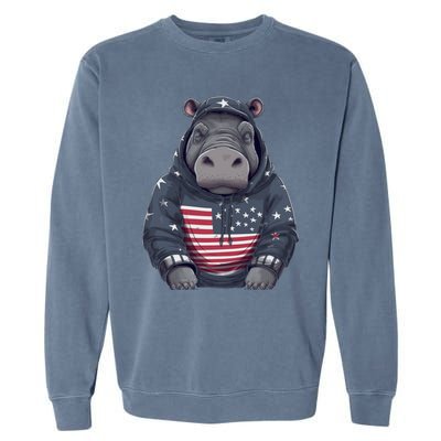 Hippopotamus American Flag USA Tee 4th July Gifts Graphic Garment-Dyed Sweatshirt