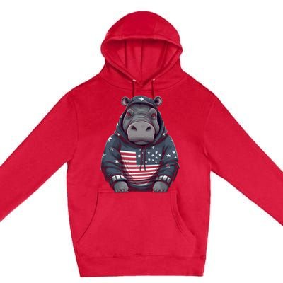 Hippopotamus American Flag USA Tee 4th July Gifts Graphic Premium Pullover Hoodie