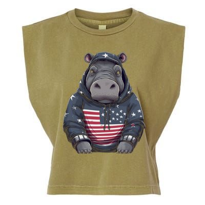 Hippopotamus American Flag USA Tee 4th July Gifts Graphic Garment-Dyed Women's Muscle Tee