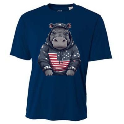 Hippopotamus American Flag USA Tee 4th July Gifts Graphic Cooling Performance Crew T-Shirt