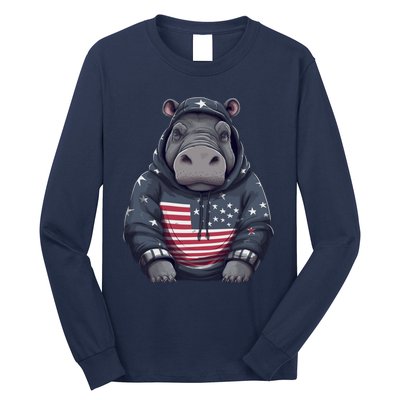 Hippopotamus American Flag USA Tee 4th July Gifts Graphic Long Sleeve Shirt