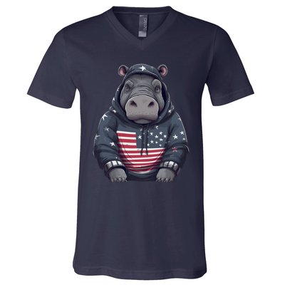 Hippopotamus American Flag USA Tee 4th July Gifts Graphic V-Neck T-Shirt