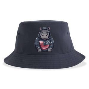 Hippopotamus American Flag USA Tee 4th July Gifts Graphic Sustainable Bucket Hat