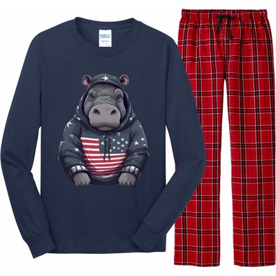 Hippopotamus American Flag USA Tee 4th July Gifts Graphic Long Sleeve Pajama Set