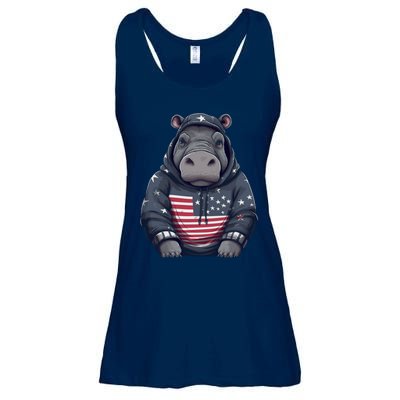 Hippopotamus American Flag USA Tee 4th July Gifts Graphic Ladies Essential Flowy Tank