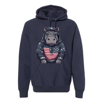 Hippopotamus American Flag USA Tee 4th July Gifts Graphic Premium Hoodie