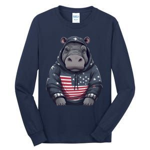 Hippopotamus American Flag USA Tee 4th July Gifts Graphic Tall Long Sleeve T-Shirt