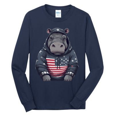 Hippopotamus American Flag USA Tee 4th July Gifts Graphic Tall Long Sleeve T-Shirt