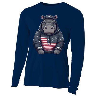 Hippopotamus American Flag USA Tee 4th July Gifts Graphic Cooling Performance Long Sleeve Crew