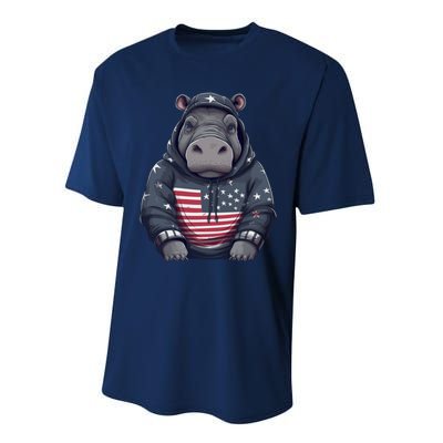 Hippopotamus American Flag USA Tee 4th July Gifts Graphic Performance Sprint T-Shirt