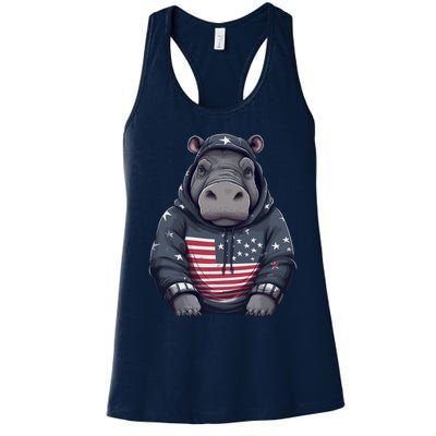 Hippopotamus American Flag USA Tee 4th July Gifts Graphic Women's Racerback Tank