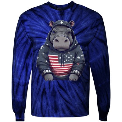 Hippopotamus American Flag USA Tee 4th July Gifts Graphic Tie-Dye Long Sleeve Shirt