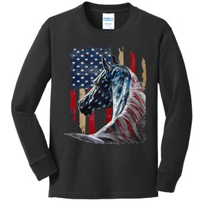 Horse American Flag Derby Racing Equestrian Rodeo Patriotic Kids Long Sleeve Shirt