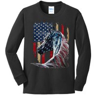 Horse American Flag Derby Racing Equestrian Rodeo Patriotic Kids Long Sleeve Shirt